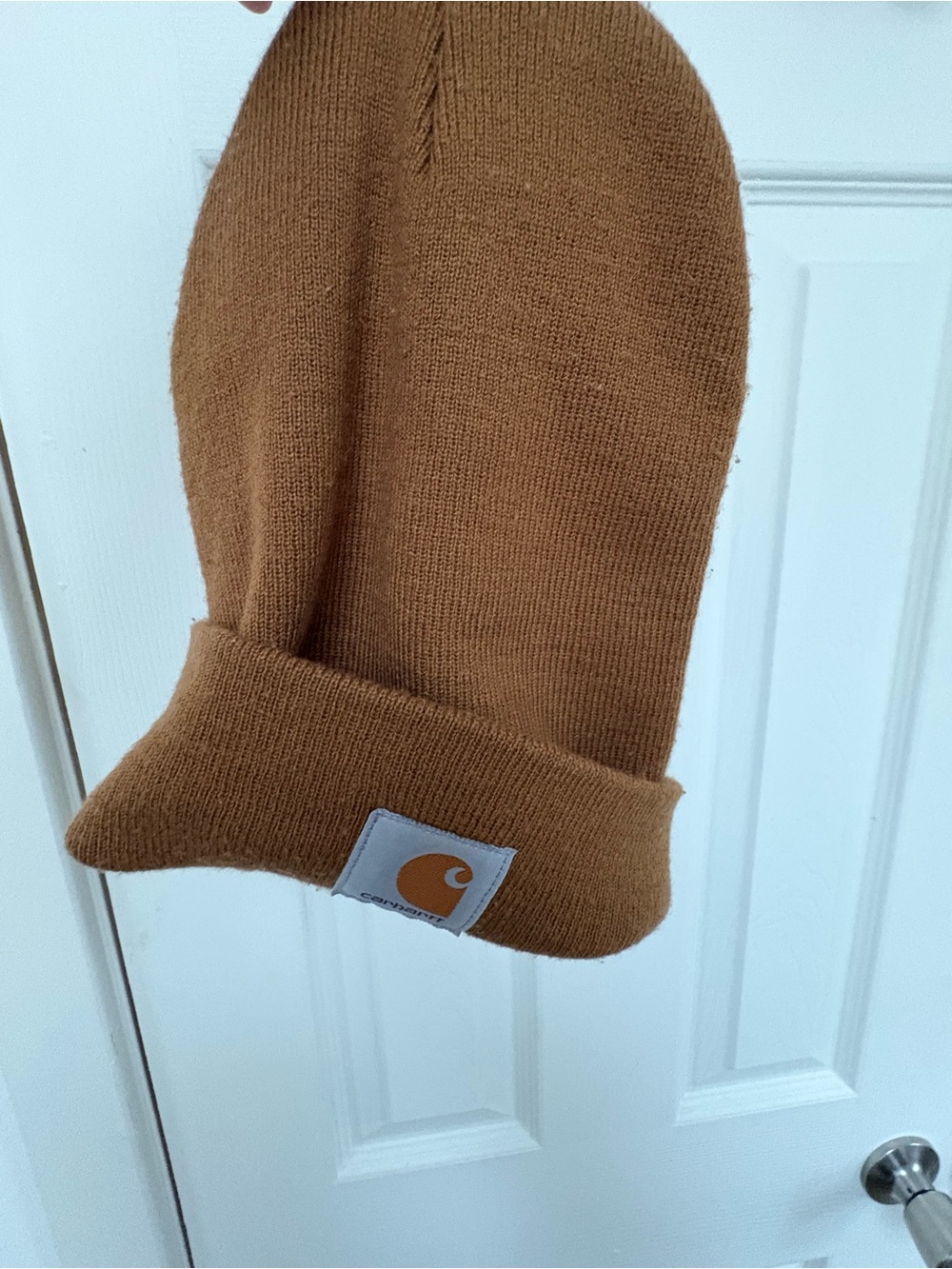 Carhartt Ribbed Cuff Beanie in Caramel Brown with Orange Logo